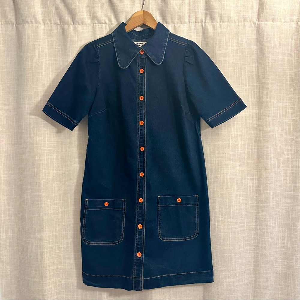 Mod Denim Dress Retro Short Puff Sleeves Flower Buttons Cute Lapel 1960s Fall